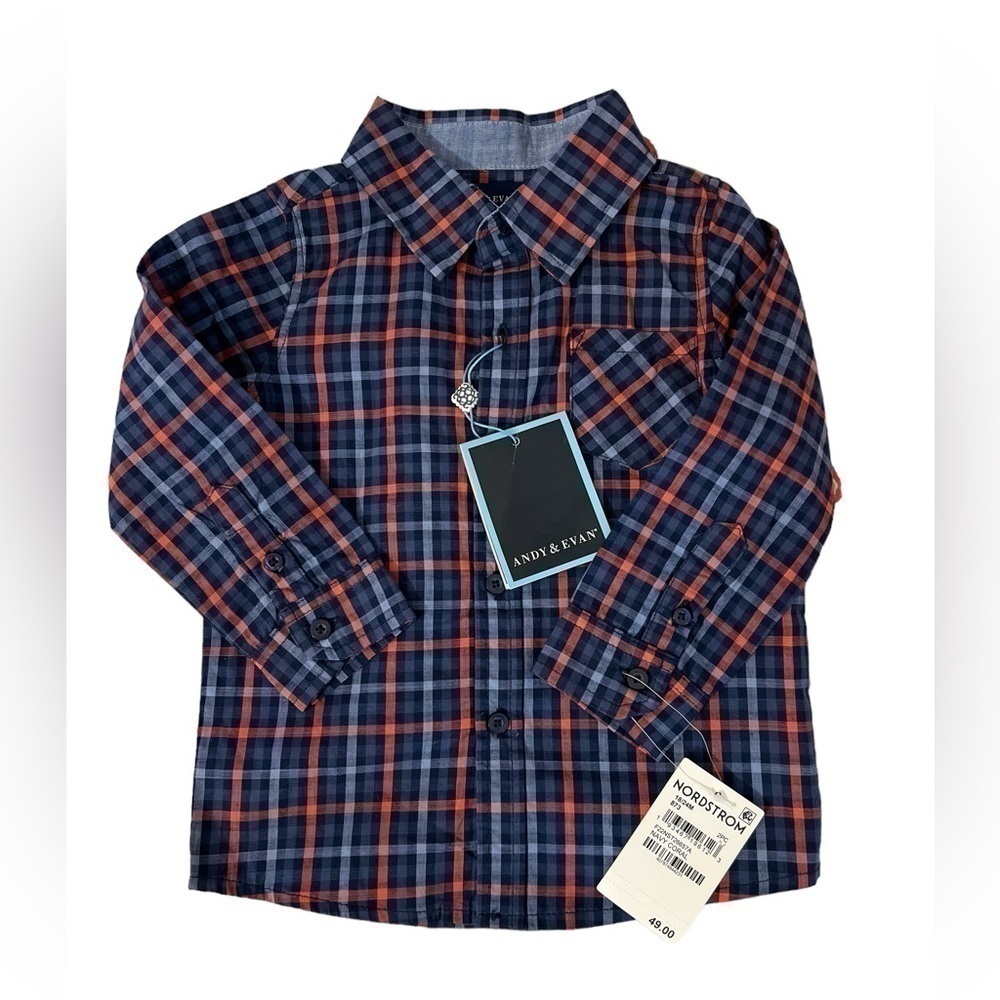Boys 18-24 months Andy & Evan Navy Blue & Orange Plaid Button Down Long Sleeve